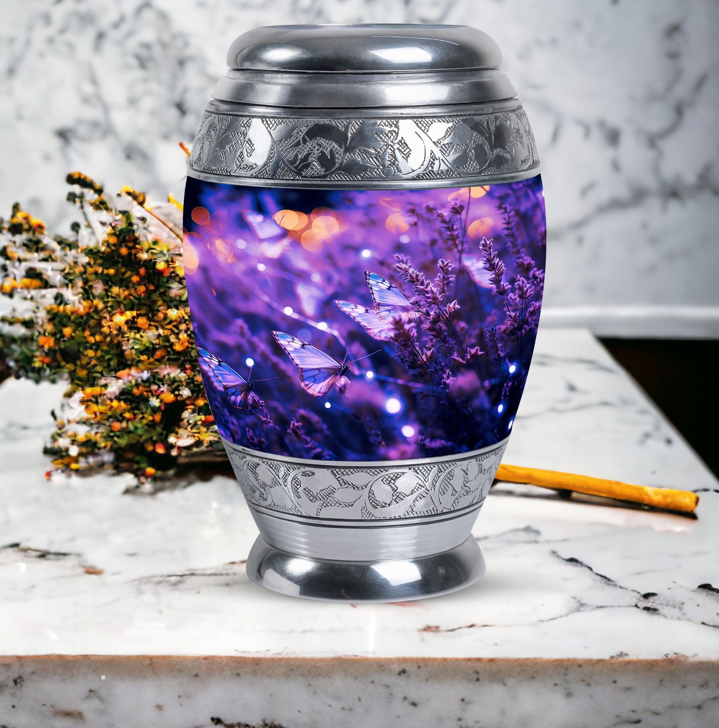 Aesthetic Purple Butterfly Urn, an ideal burial ashes container for adults.