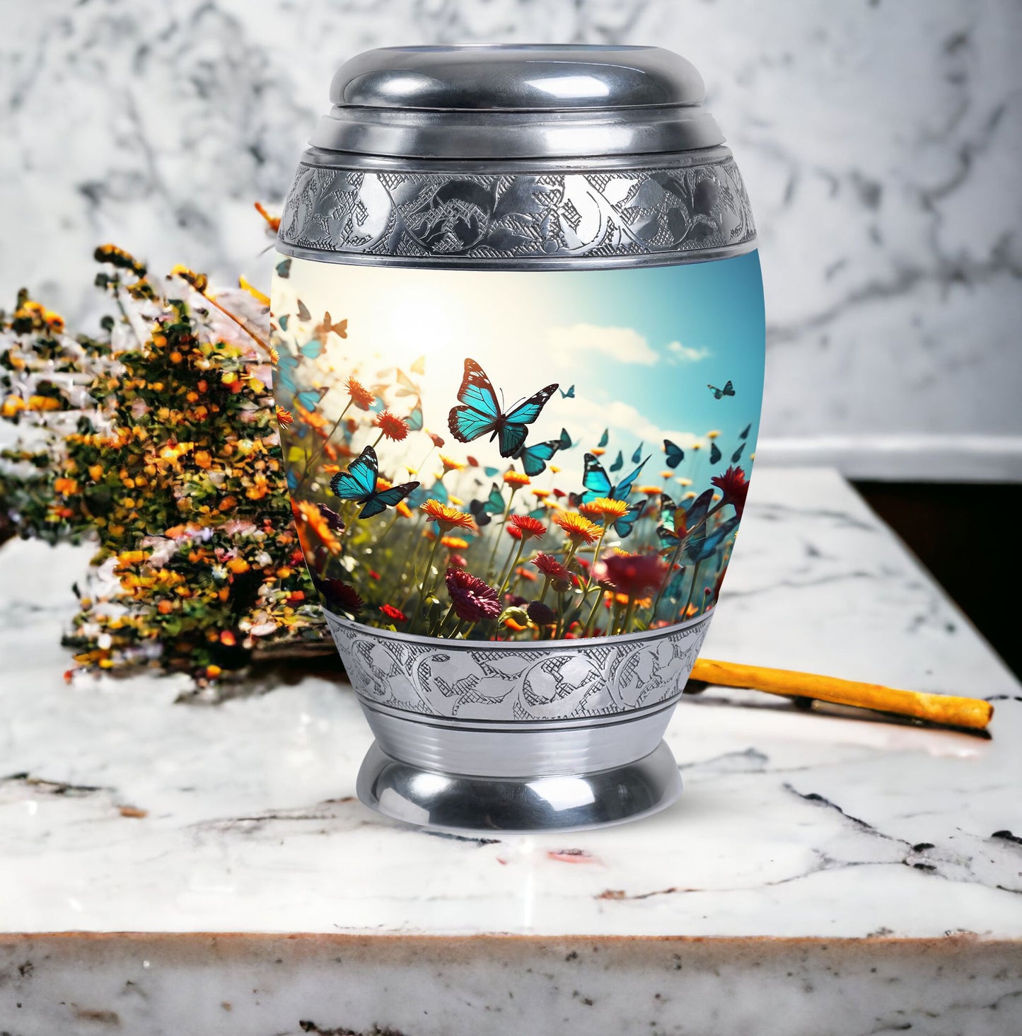 Large urn for human ashes with vibrant, lively butterflies design, designed as a loving tribute for a mother