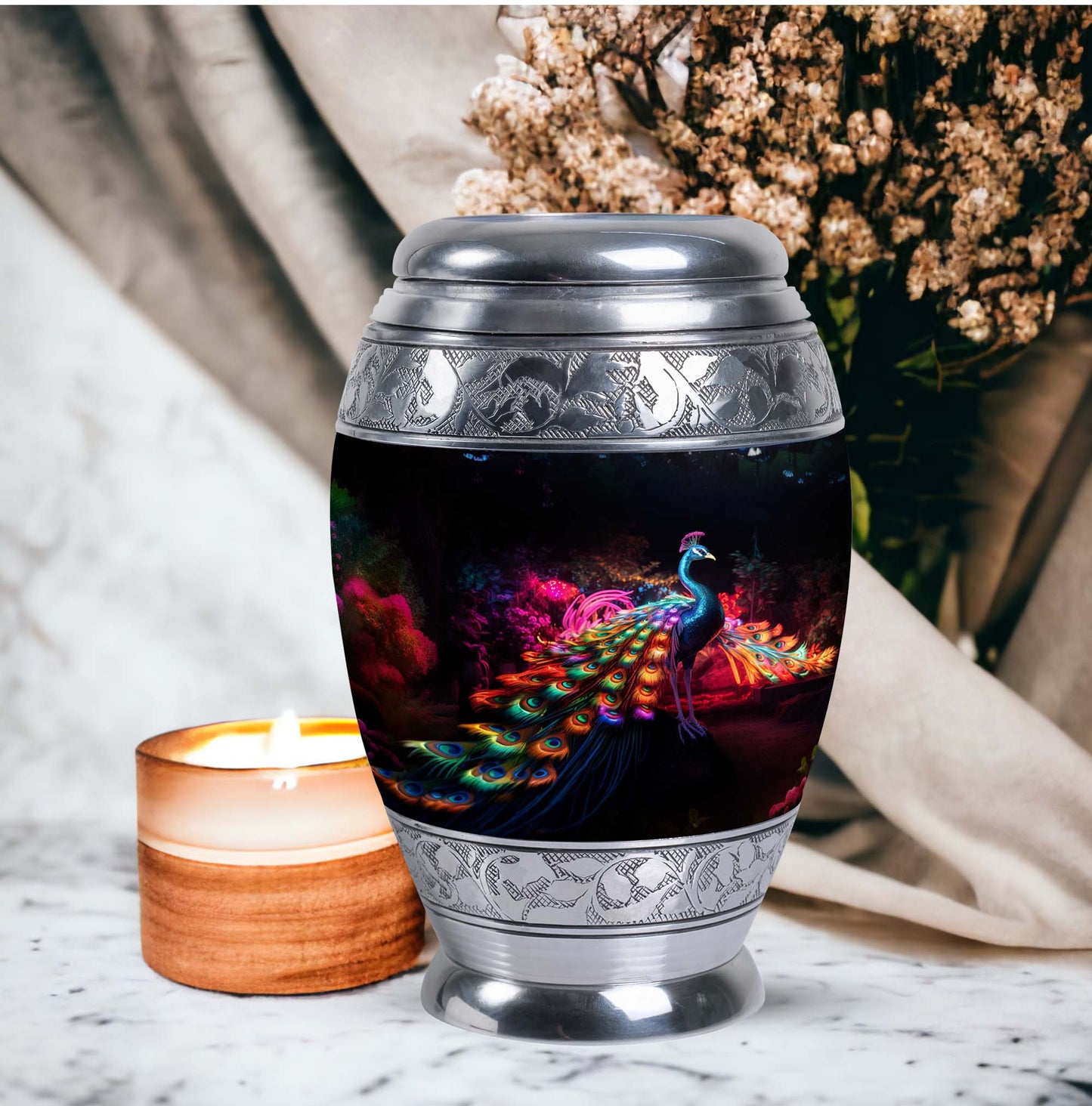 Classic Peacock Cremation Urn with 200 cubic inch capacity