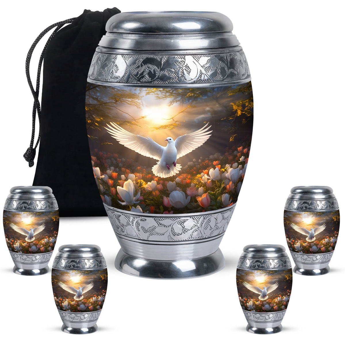Bird Urn for Human Ashes with Silver Finish and White Dove, Autumn Floral Cremation Urn