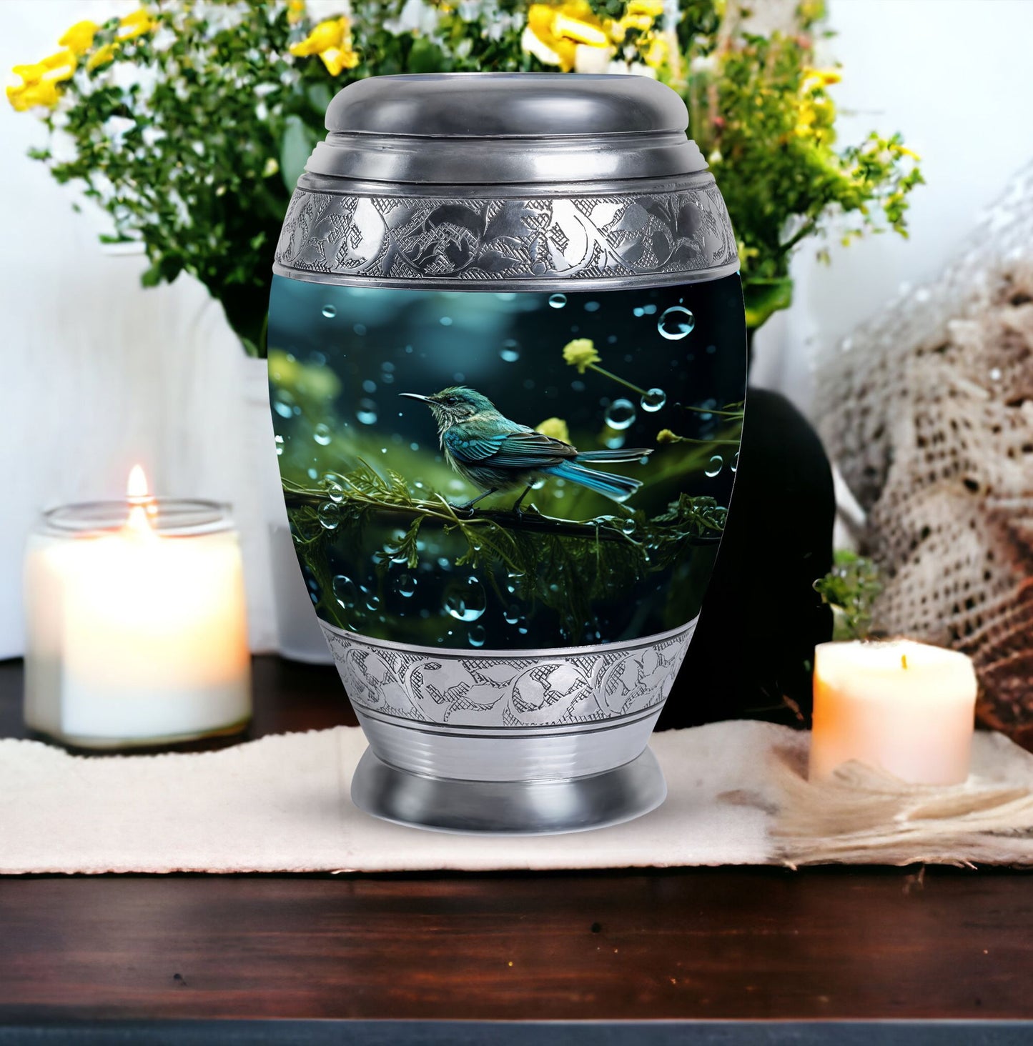 Classic Green Sparrow Aluminium Cremation Urn for Mother.
