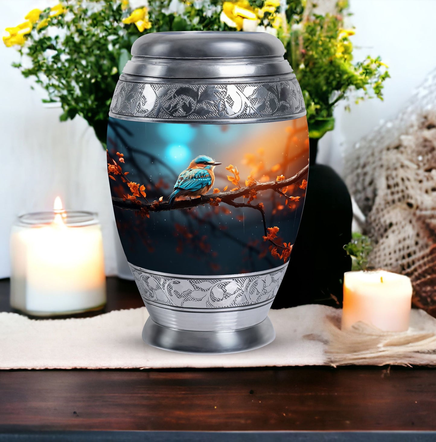 Colorful Sparrow urn for ashes.