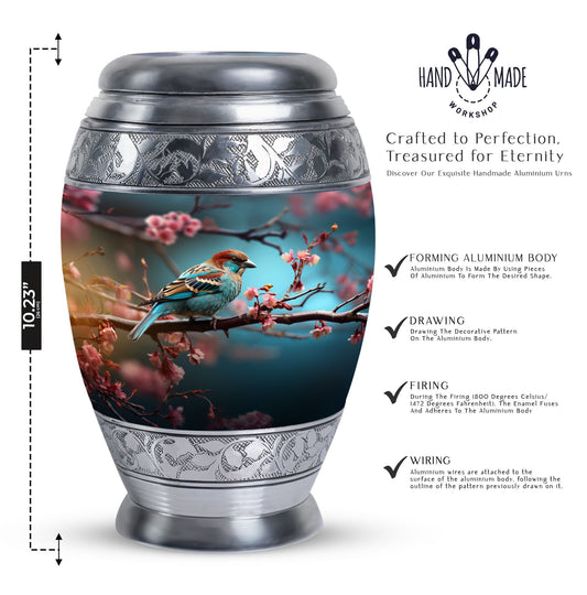 Classic sparrow cremation urn in aluminium.