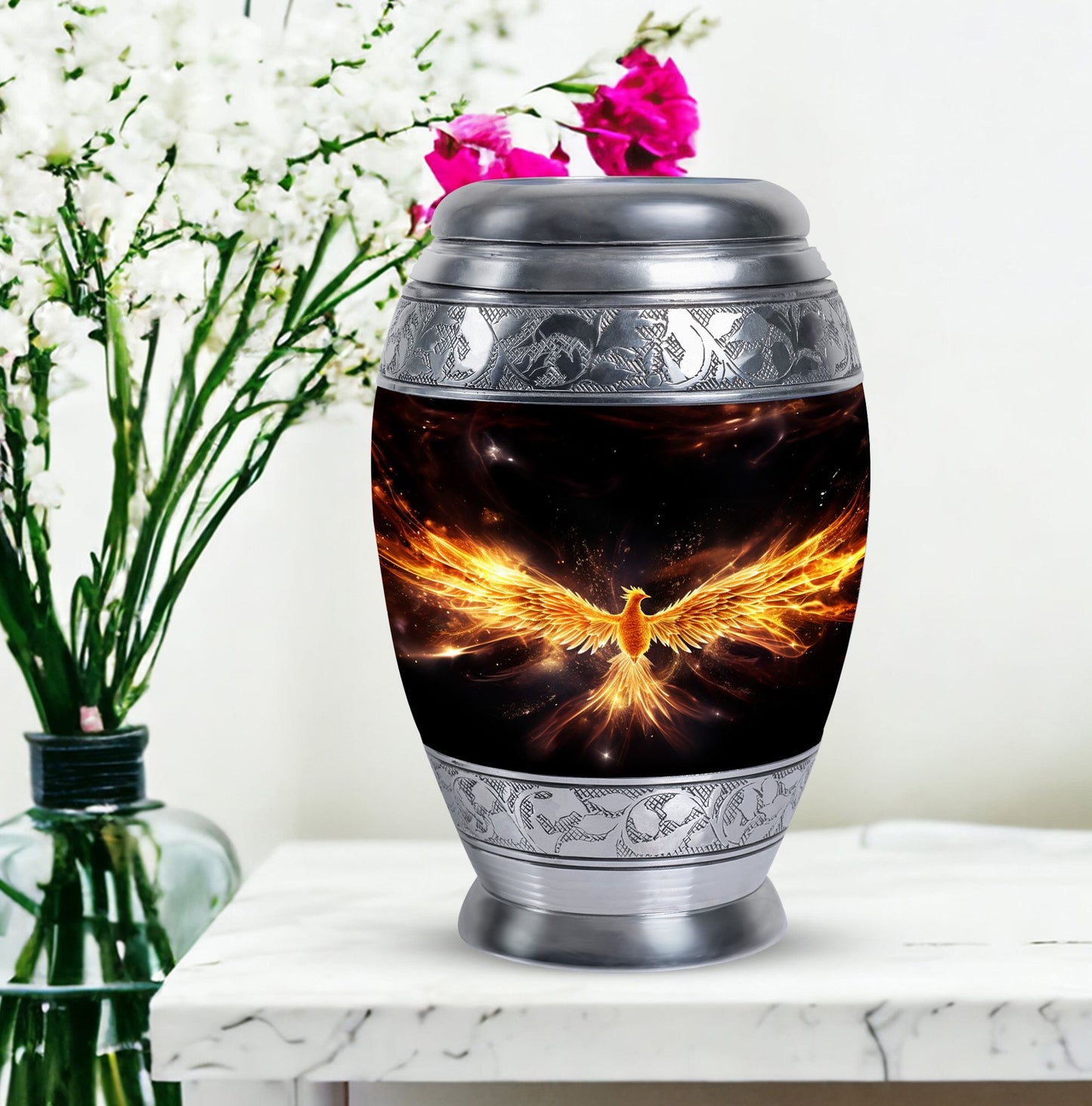 Yellow Phoenix 10-inch Urn, Personalized for Human Ashes