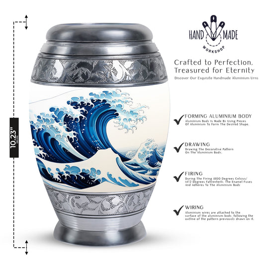 Large, white, decorative cremation urn for men with ocean waves design, suitable for adult ashes