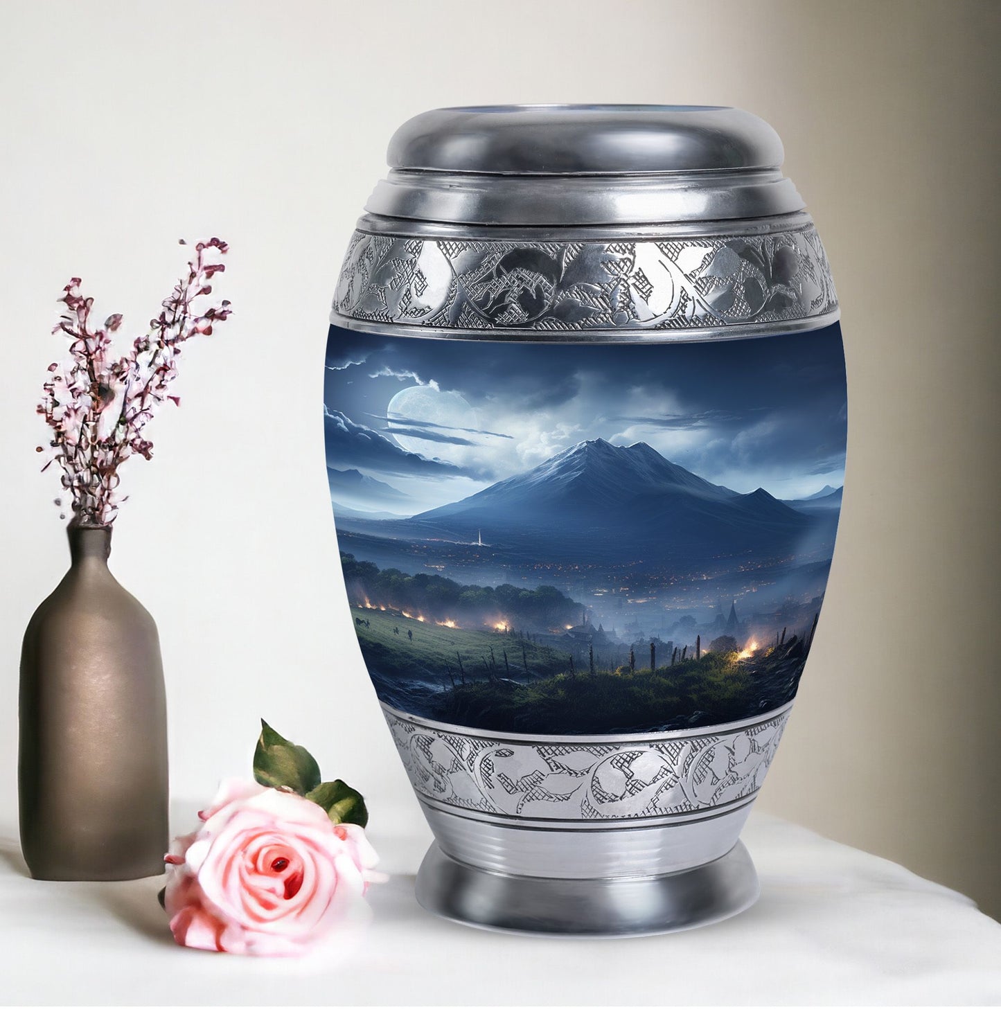 Elegant landscape urn in grey designed as a cremation box for adult female human ashes, ideal as a mom urn