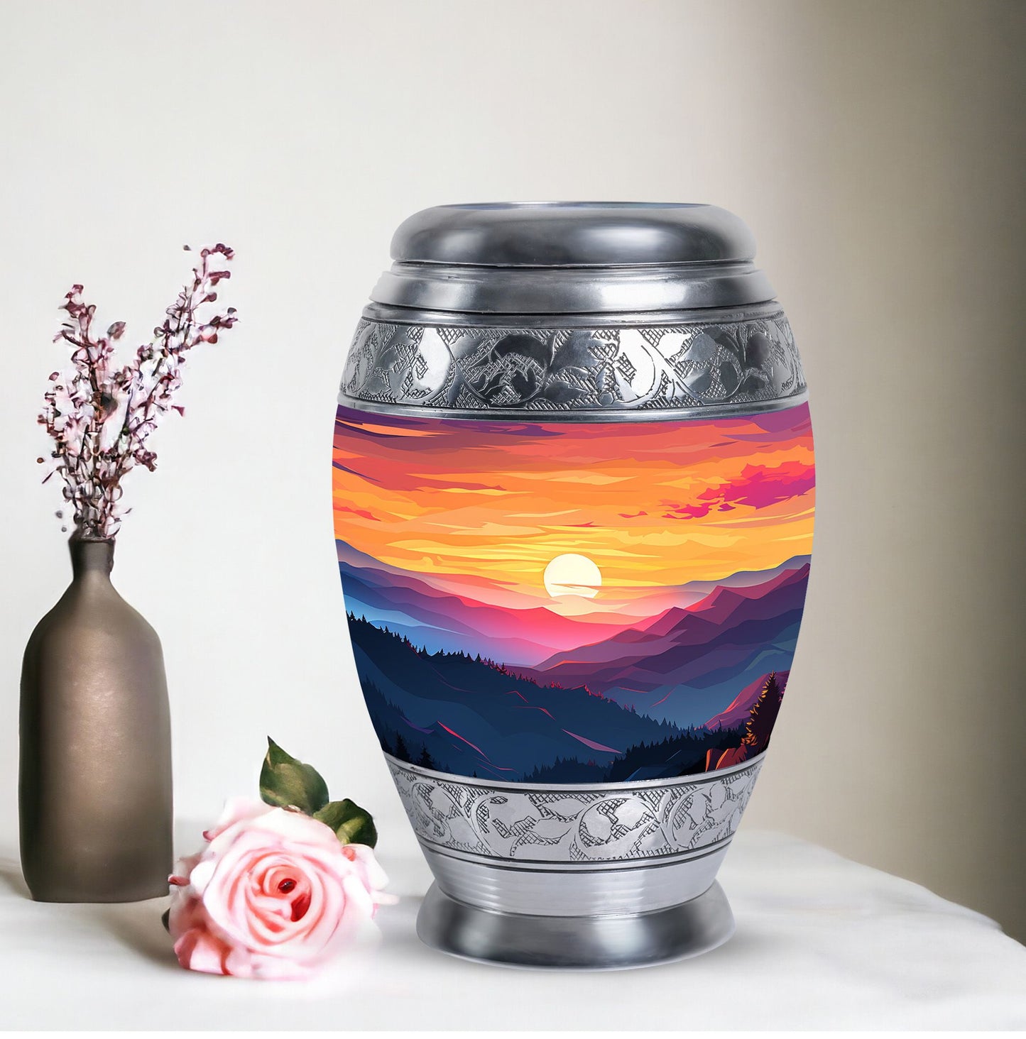 Large urn for cremation with scenic mountains design, suitable for both men and women's ash storage, perfect for preserving the memories of a loved one.