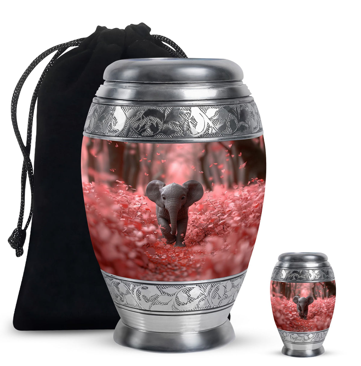 Elephant Urn for Human Ashes, Baby Elephant in Pink Foliage on Mauve, Memorial Urn