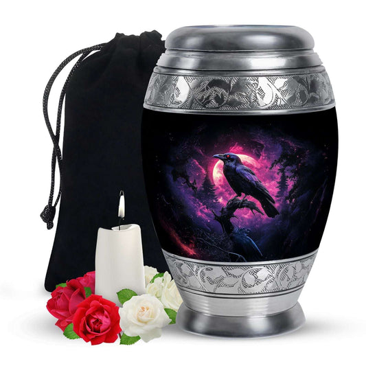Raven Cremation Urn – Gothic Red Moon Forest Urn for Ashes