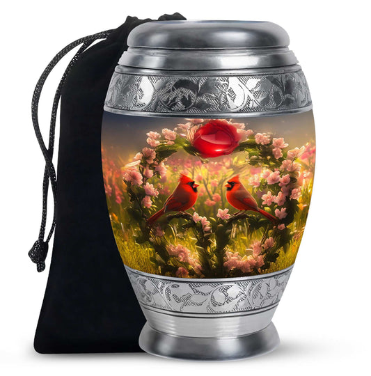 Red Cardinal Bird Urn For Cremation – Floral Memorial Urn for Human Ashes