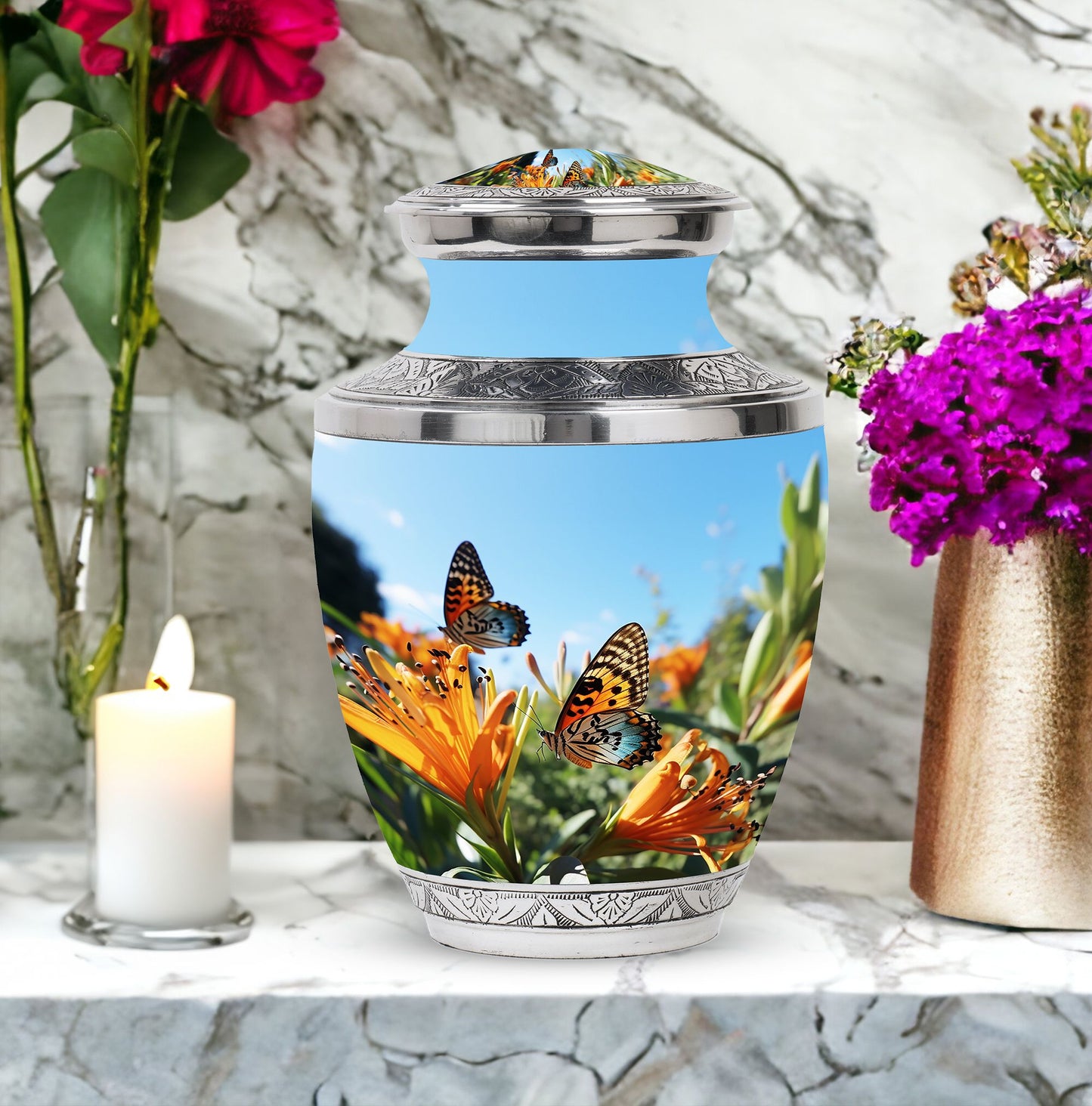 Butterfly on decorative purple urn for adult male human ashes