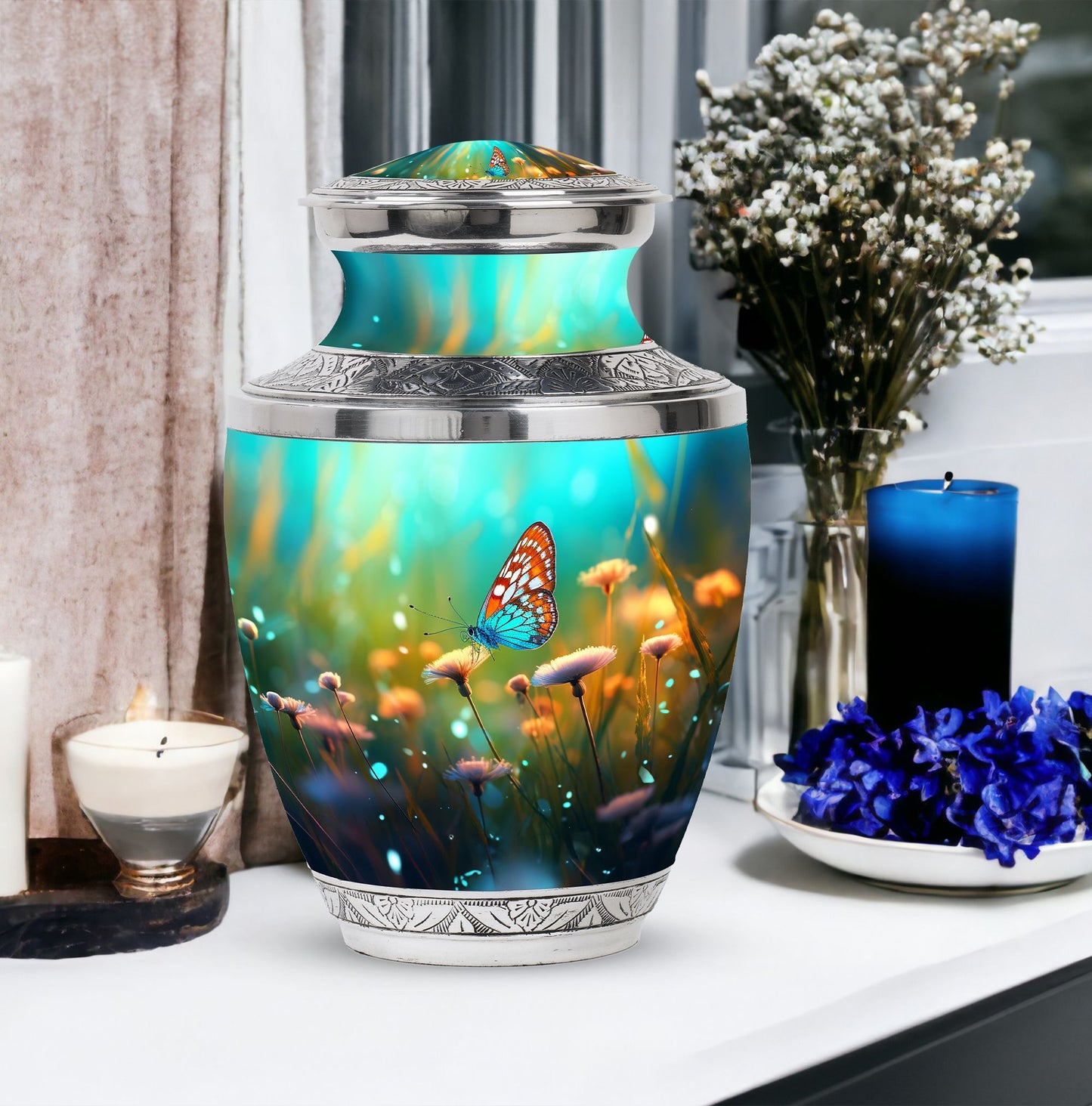 Classic Purple Butterflies Urn, a unique Large Urn for Ashes