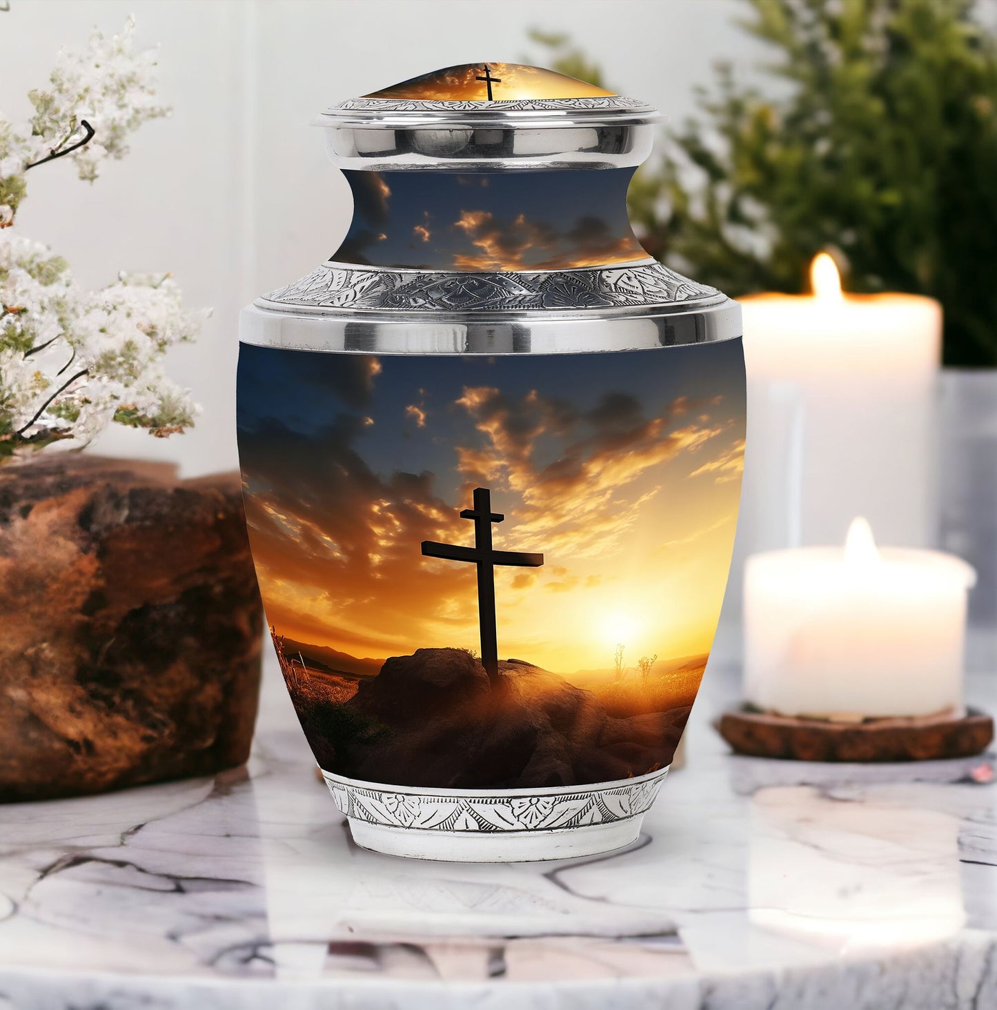 Large classic Christ Urn in blue sky
