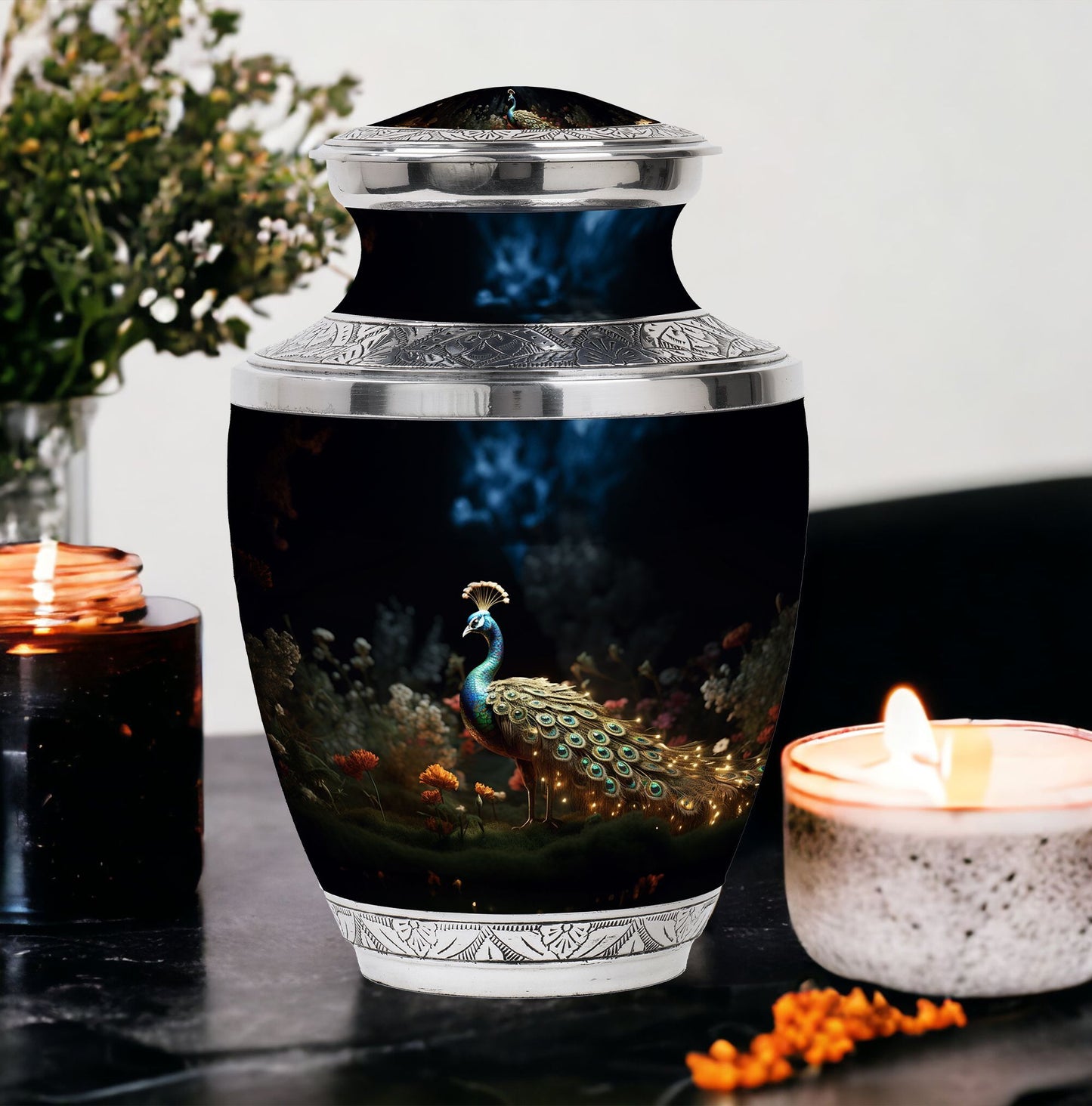 Classic 10-inch peacock urn for ashes.