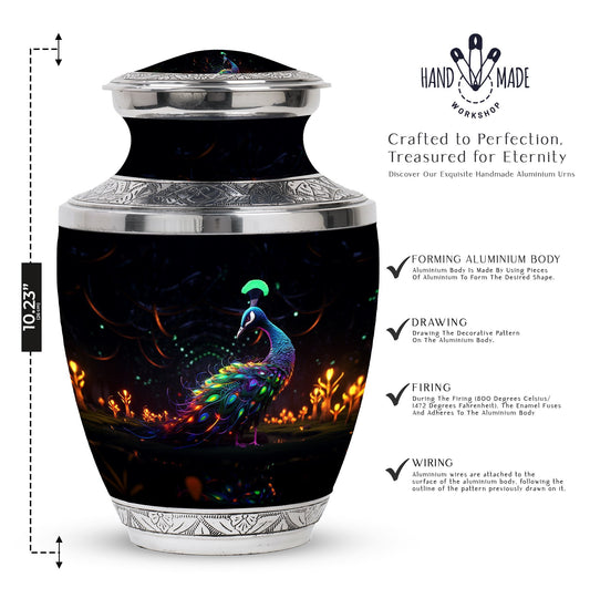 Classic Peacock Urn, large Aluminum Memorial Urn for Ashes.