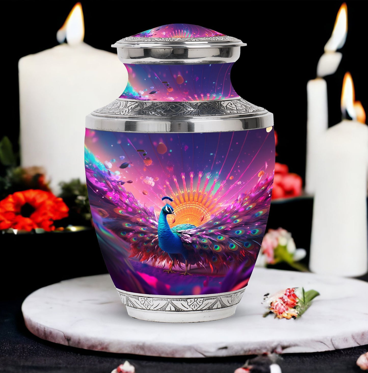 Classic Peacock Memorial Urn, Large 3 Inch Aluminium Urn.
