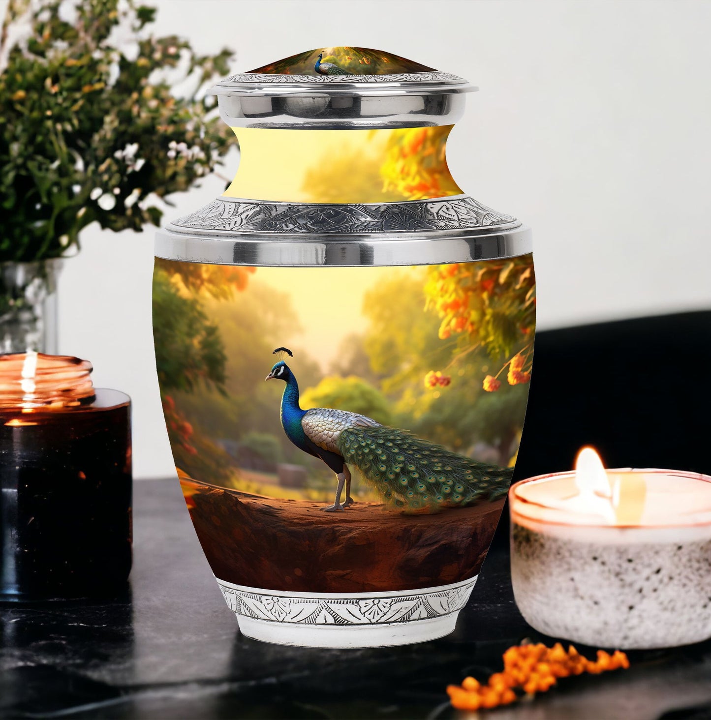 Classic 10 inch Peacock Urn made of Aluminium for cremation.