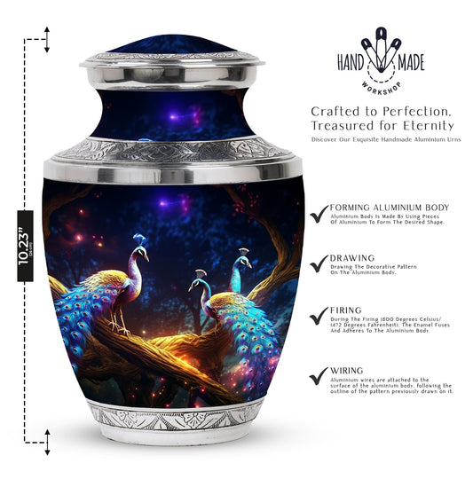 Classic peacock memorial urn in aluminum.