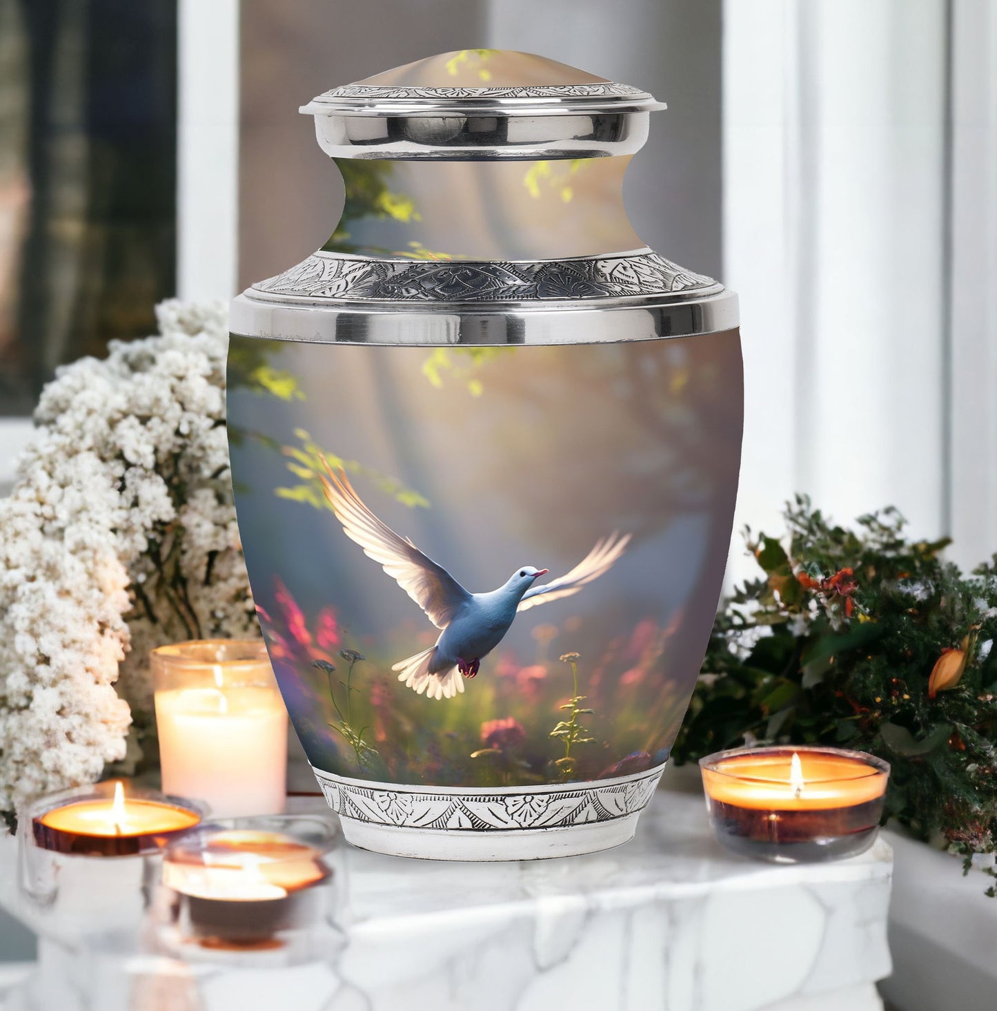 Classic 3 inch Dove Urn, aluminium large cremation urn.