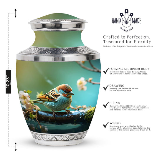 Golden Sparrow Memorial Urn, classic 3-inch aluminium urn.