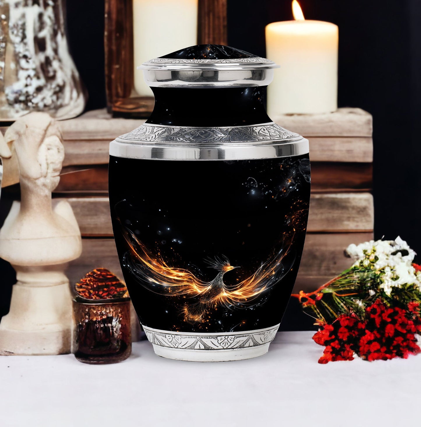 Large Shining Phoenix Urn for Human Ashes.
