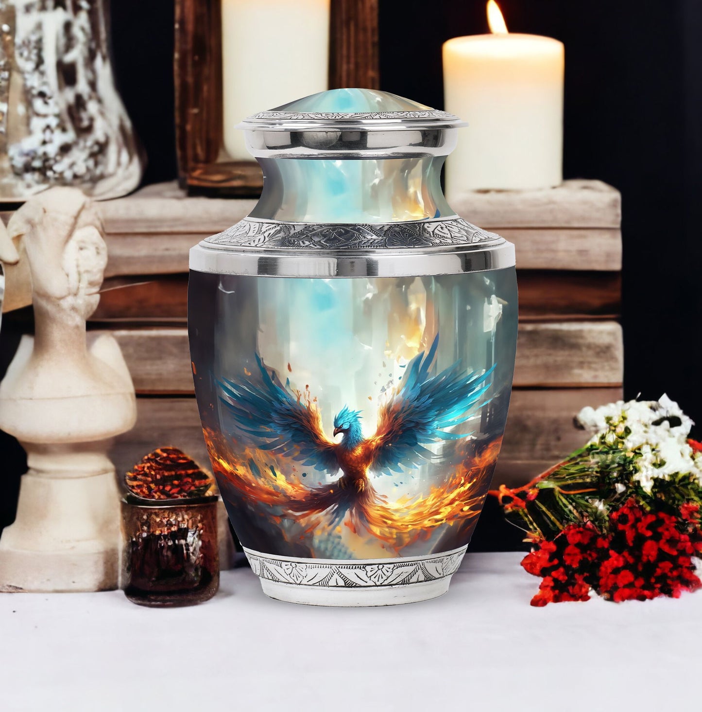 Classic Blue Phoenix Cremation Urn for adults.