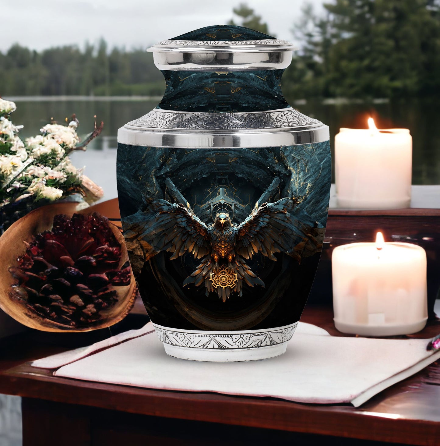 Large classic urn with an eagle design for human ashes.