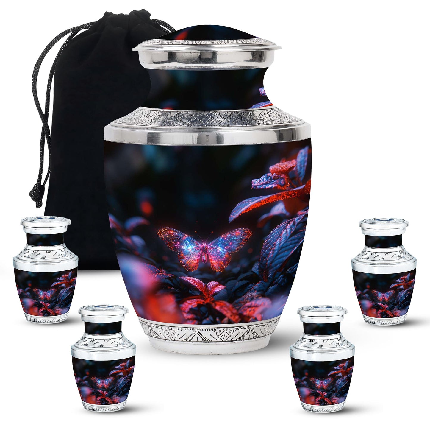 Butterfly Urn for Human Ashes, Sparkly Purple Wings Among Red Leaves, Black Gloss Urn