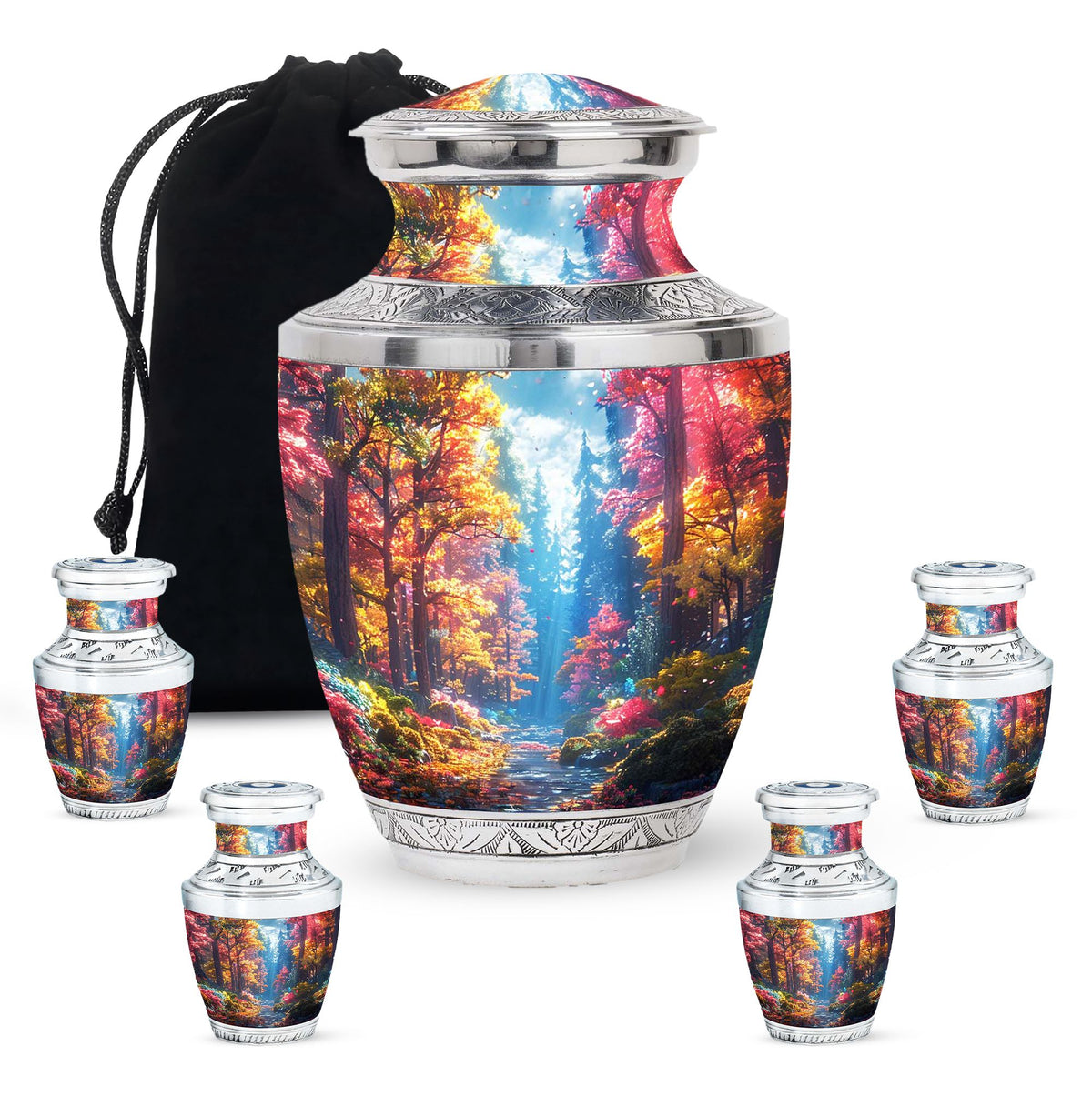Forest Urn for Human Ashes, Colorful Autumn Path Through Trees, Cremation Urn
