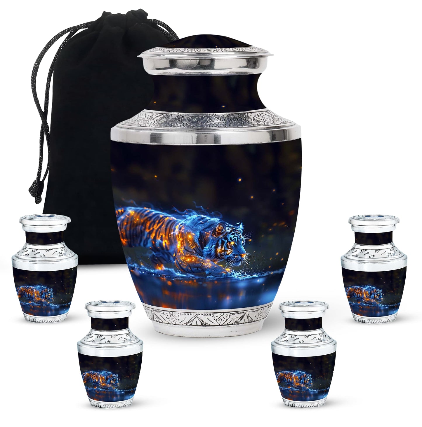 Tiger Urn for Human Ashes, Blue Ceramic Crouching Tiger with Embers in Water, Memorial Urn