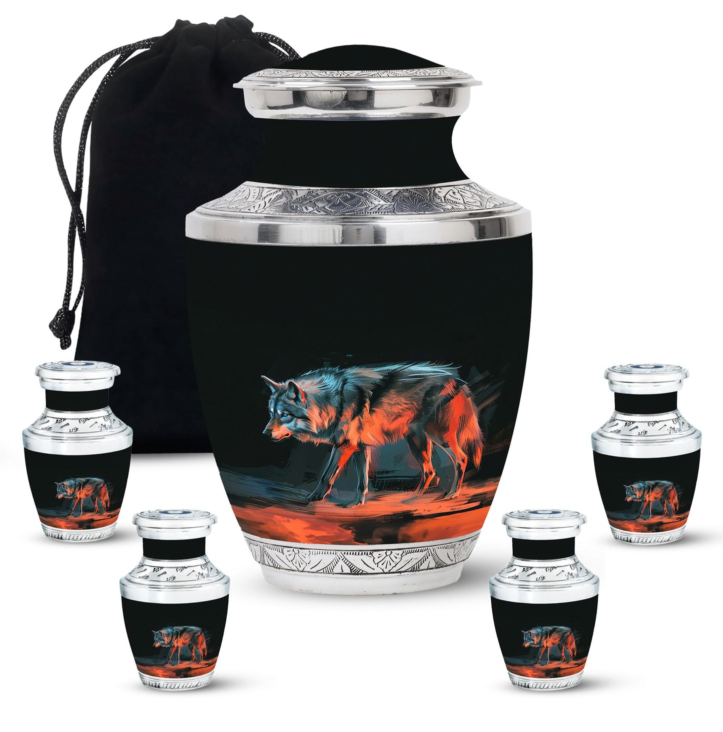 Black Personalized Wolf Cremation Urn for Human Ashes - 10-inch, 200 cu in - Yatskia