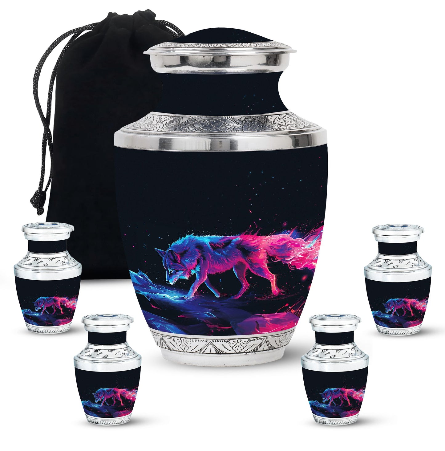 Wolf Urn for Human Ashes, Neon Pink Blue Prowling on Rocks, Cremation Urn