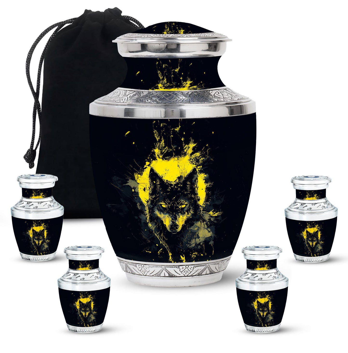 Black Personalized Wolf Cremation Urn for Human Ashes - 10-inch, 200 cu in - Yatskia