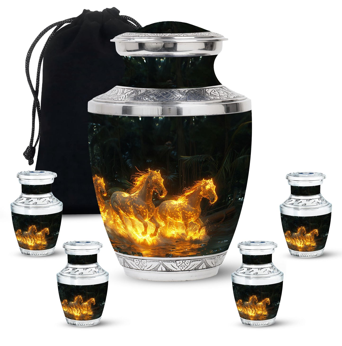 Horse Urn for Human Ashes, Glowing Fiery Horses Running Through Water, Cremation Urn