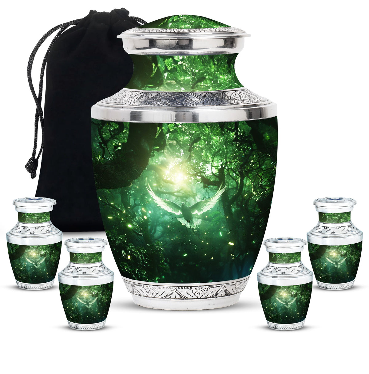 Bird Urn for Human Ashes, White Dove Through Glowing Forest, Green Memorial Urn