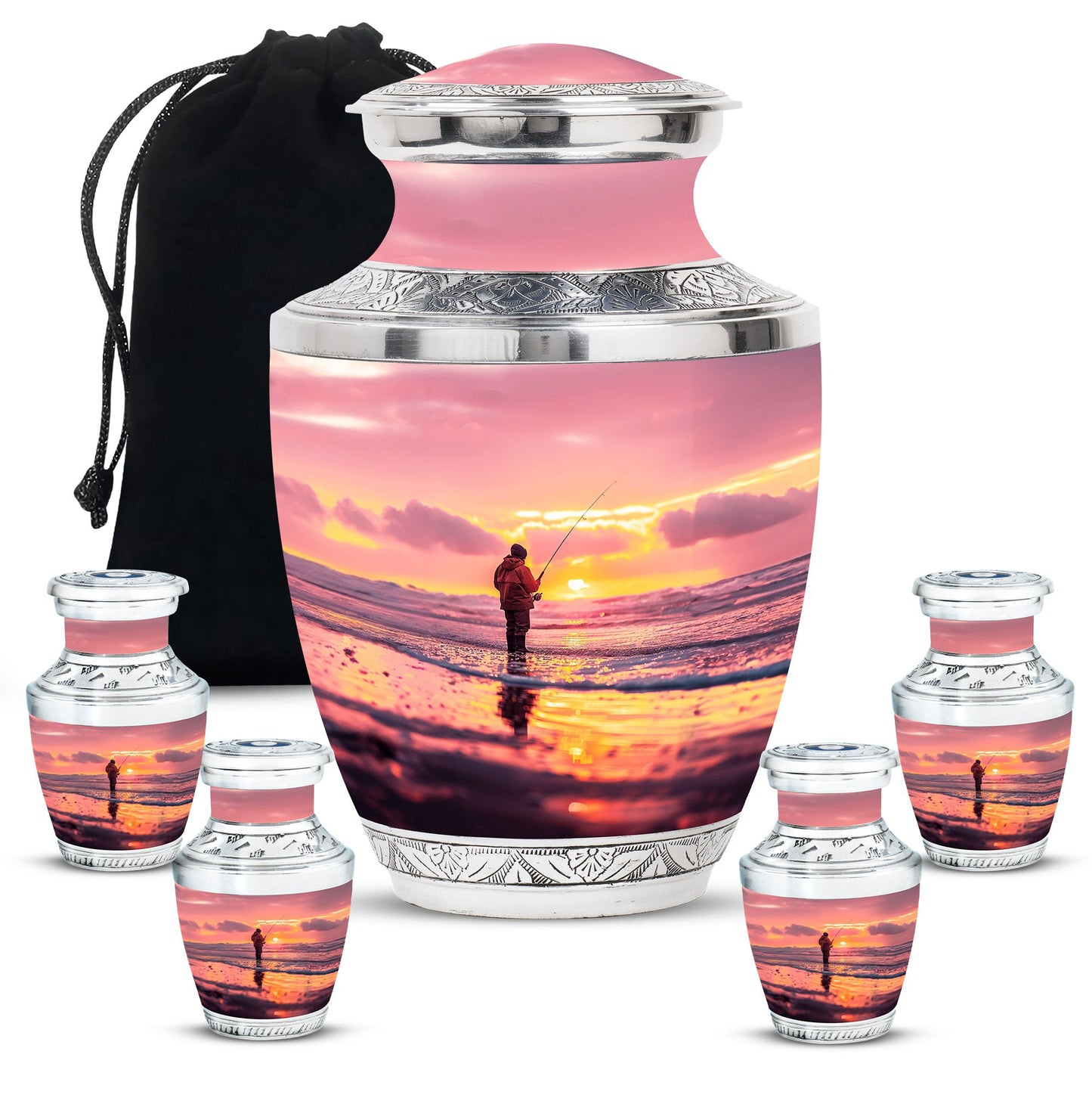 Fishing Urn for Pet Ashes, Angler with Rod at Pink Sunset, Memorial Urn