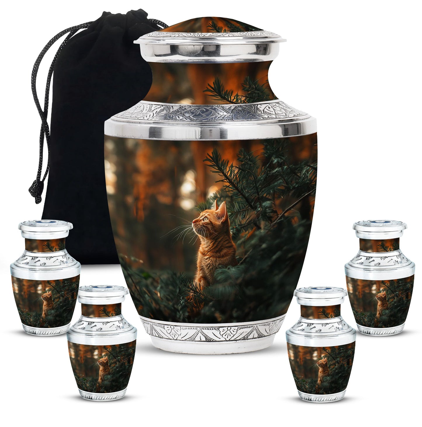 Cat Urn for Pet Ashes, Orange Cat Looking Up Among Pines, Memorial Urn