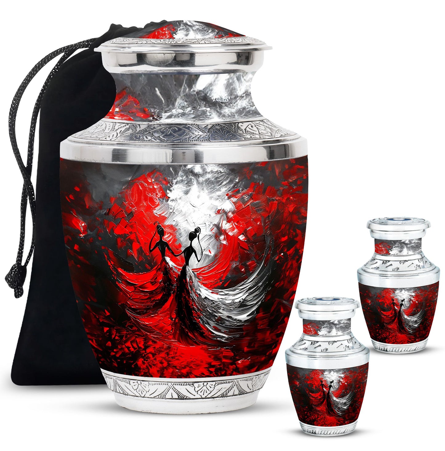 Dancer Urn for Human Ashes, Two Dancing Figures in Red and Black, Gray Urn