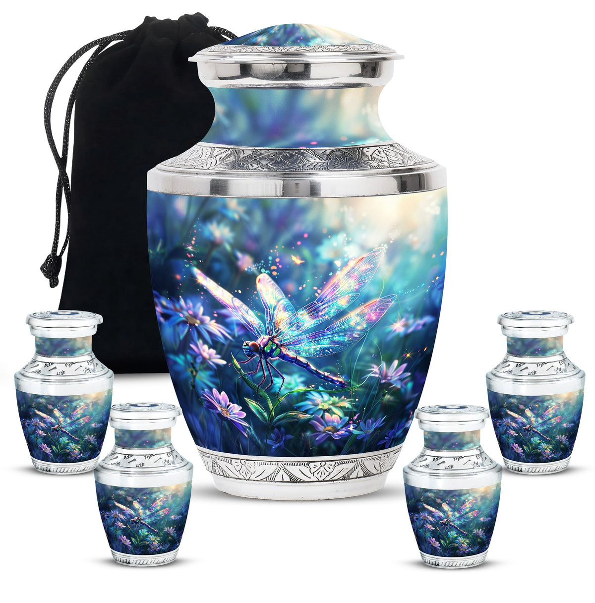 Dragonfly Urn for Human Ashes, Iridescent Among Spring Wildflowers, Classic Memorial Urn