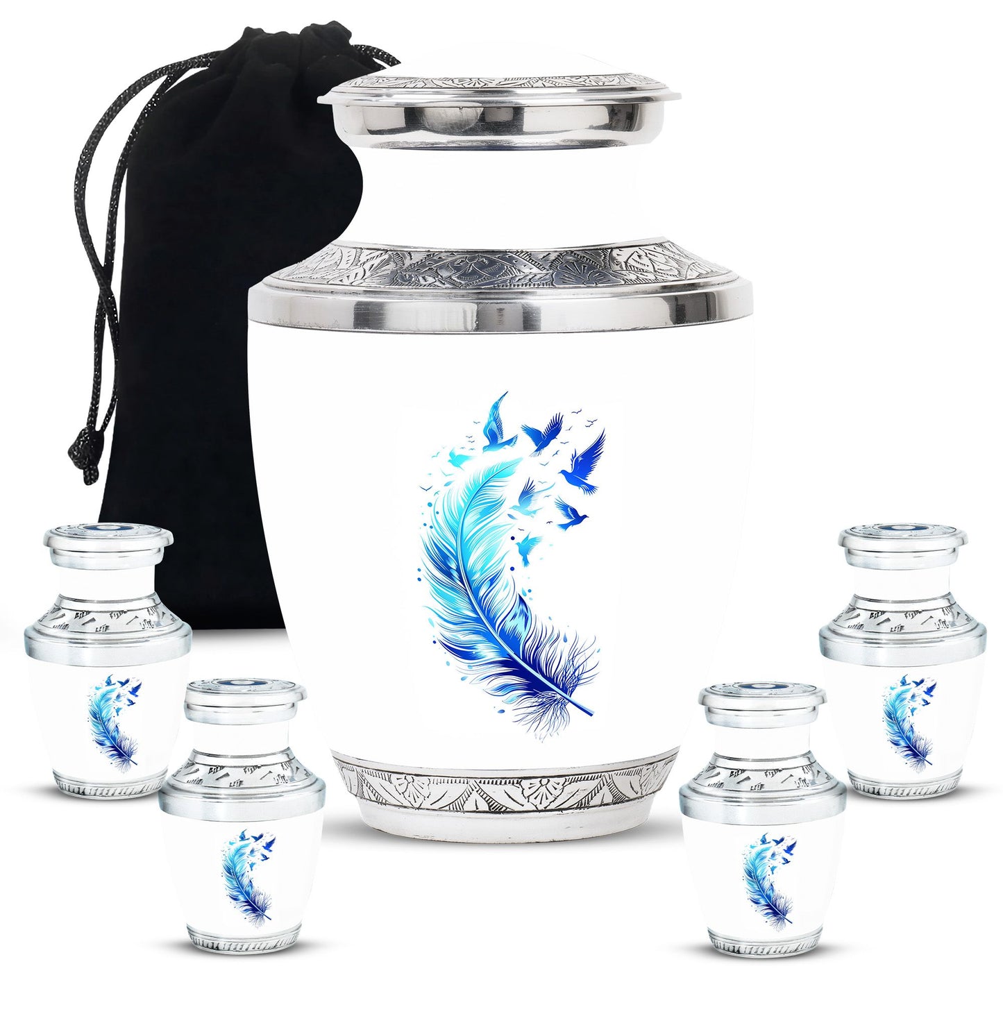 Blue Personalized Feather Cremation Urn for Women - 10-inch, 200 cu in - Yatskia