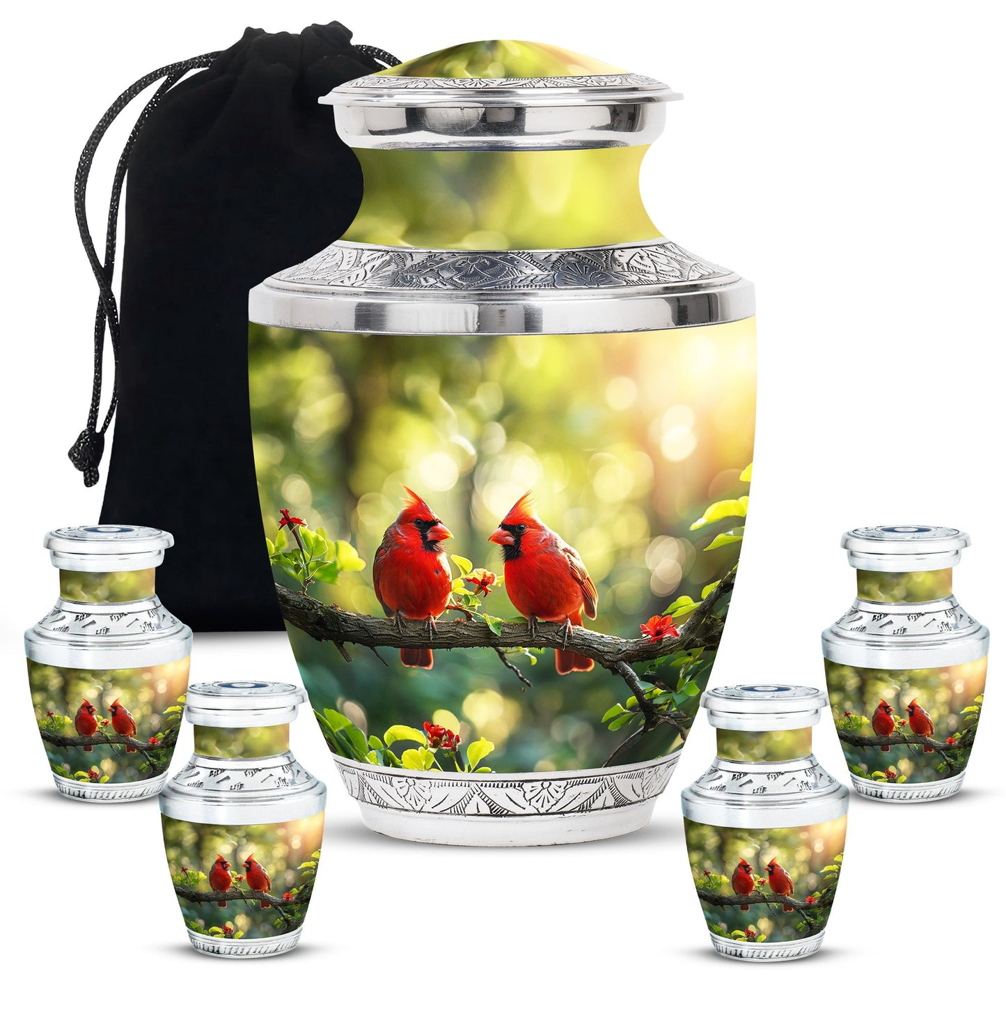 Cardinal Bird Theme Large Urn With 4 Keepsake Urn