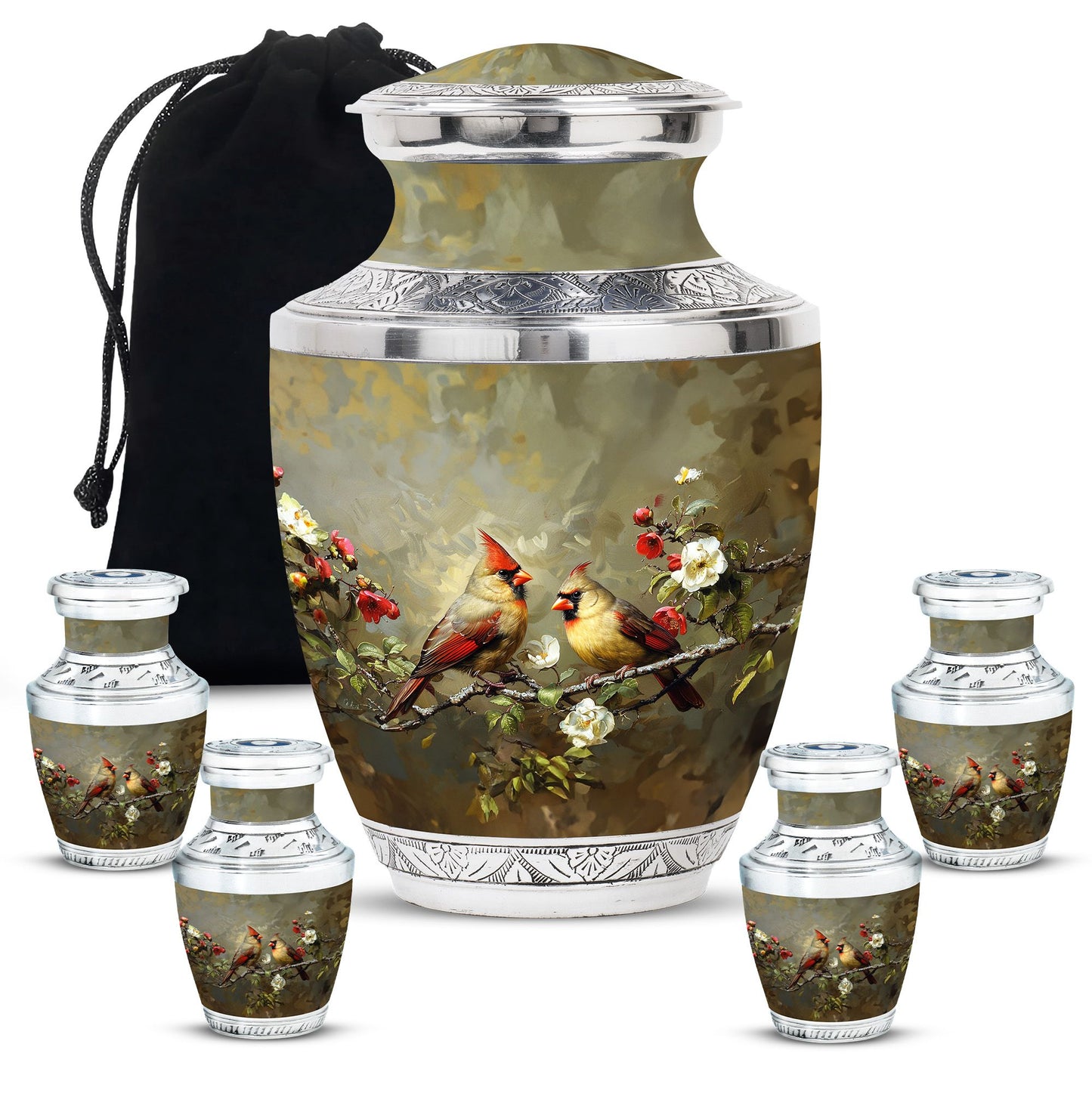 Cardinal Bird Theme Large Urn With 4 Keepsake Urn