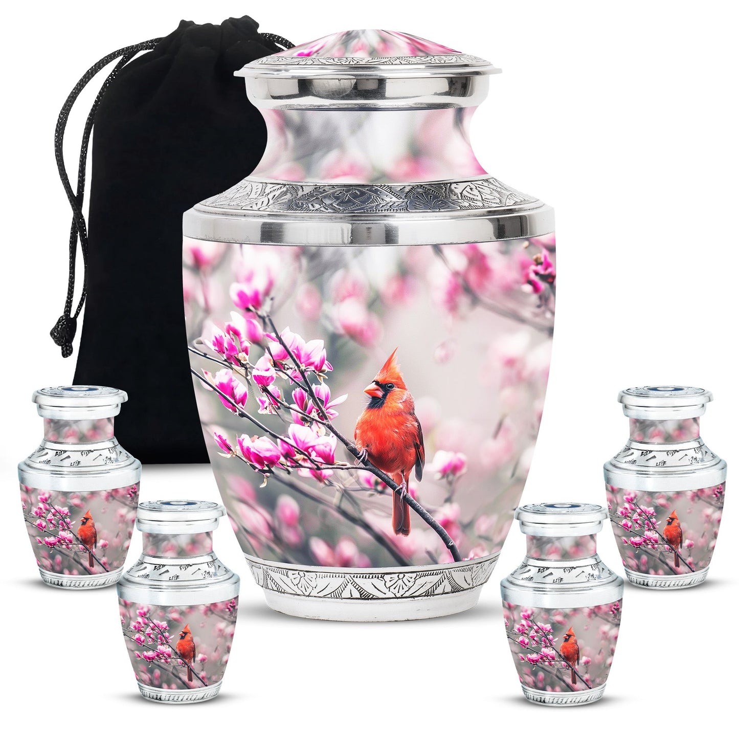 Cardinal Bird Theme Large Urn With 4 Keepsake Urn