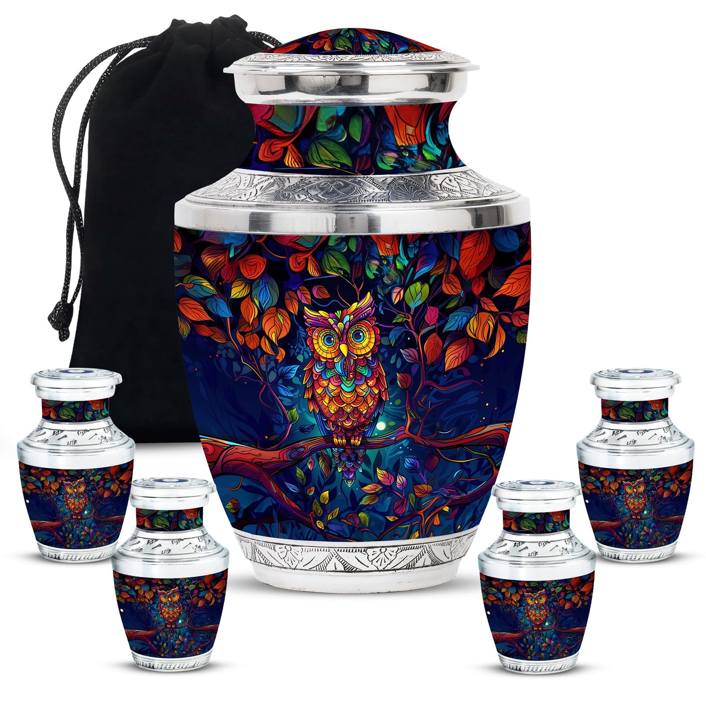 Owl Theme Large Urn With 4 Keepsake Urn