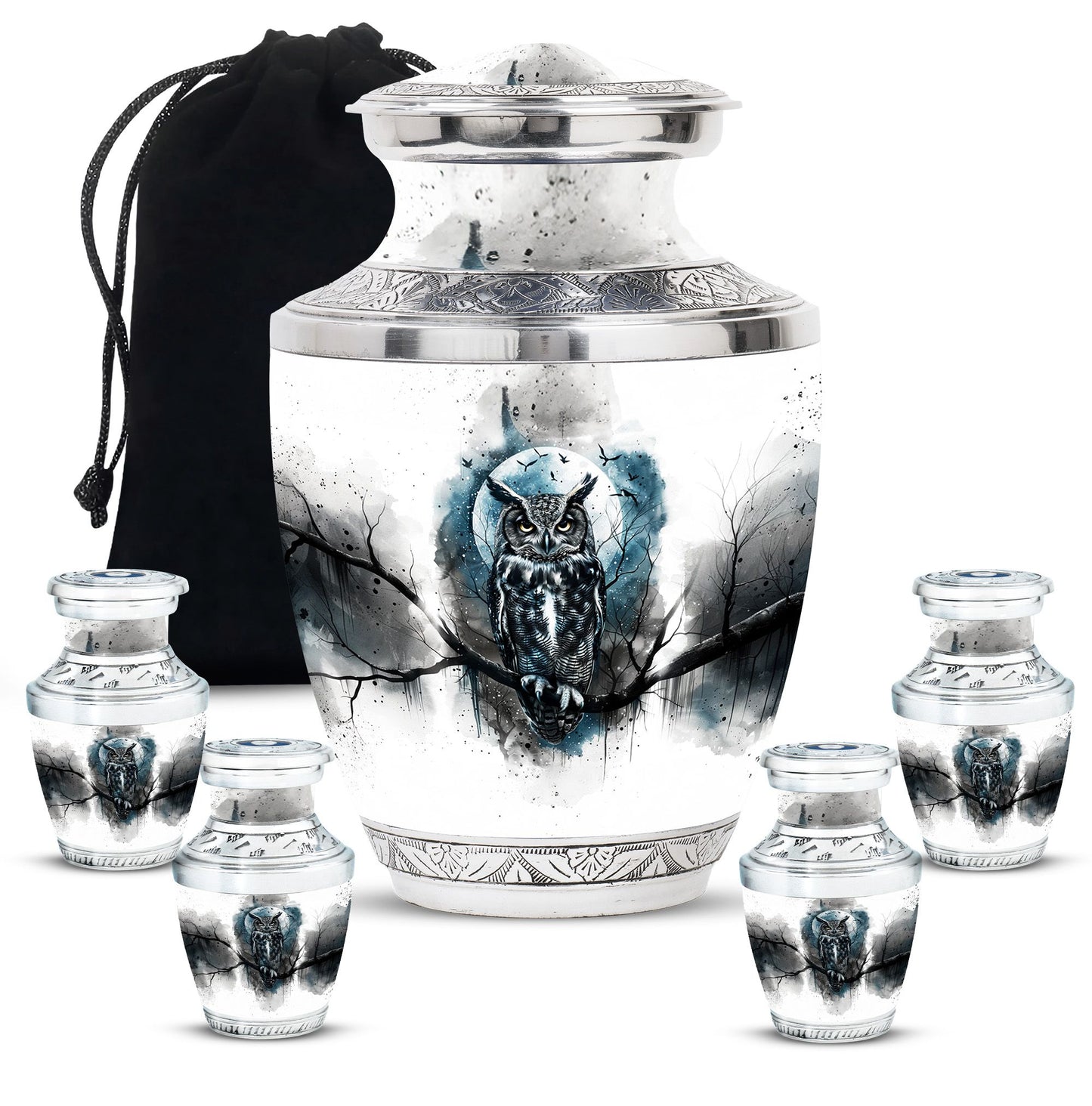 Owl Theme Large Urn With 4 Keepsake Urn