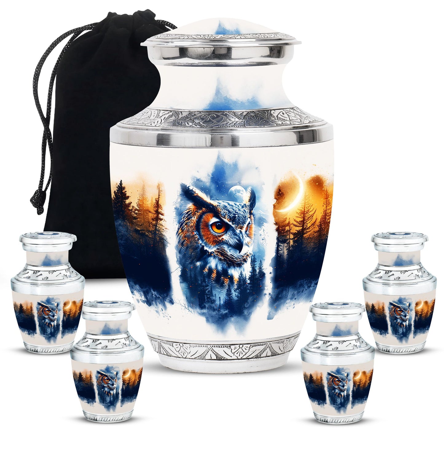 Owl Theme Large Urn With 4 Keepsake Urn