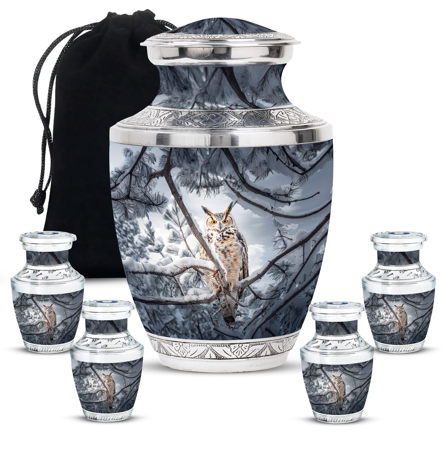 Owl Theme Large Urn With 4 Keepsake Urn