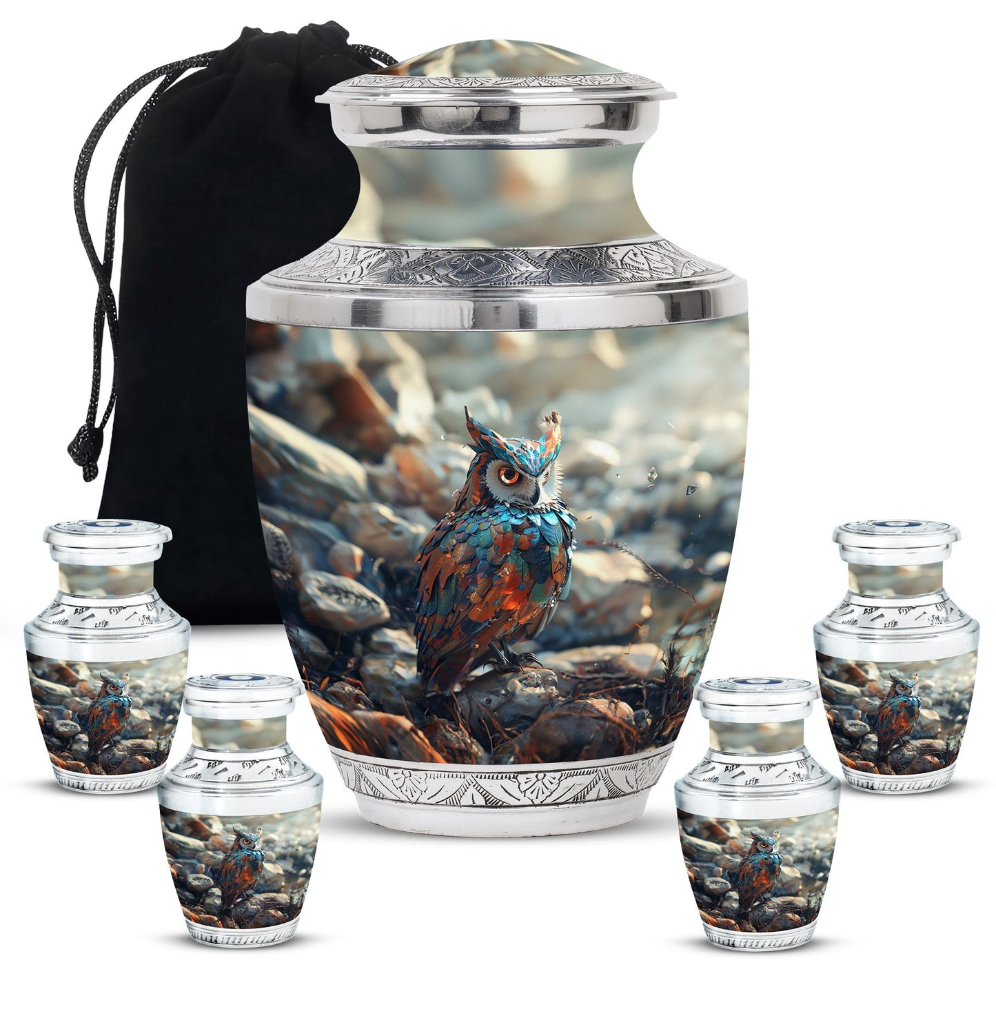 Owl Theme Large Urn With 4 Keepsake Urn