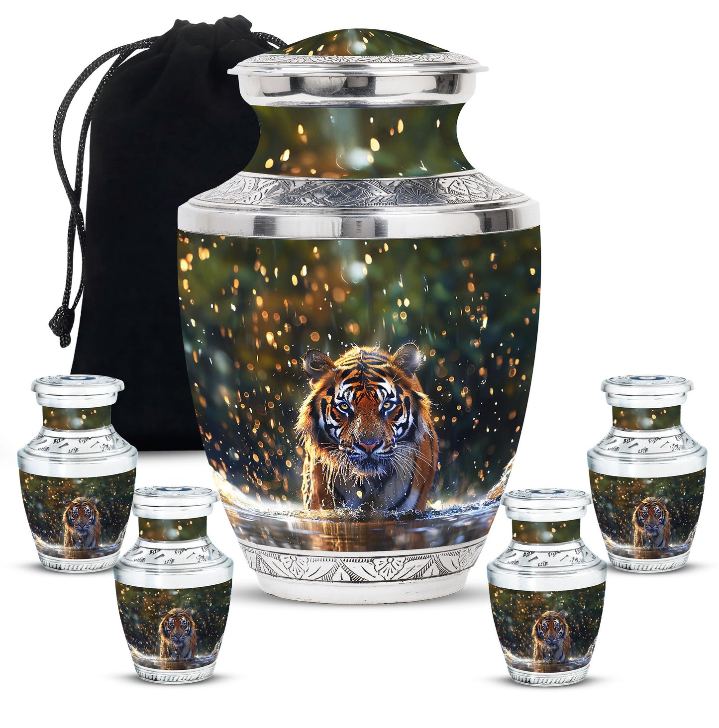 Tiger Theme Large Urn With 4 Keepsake Urn