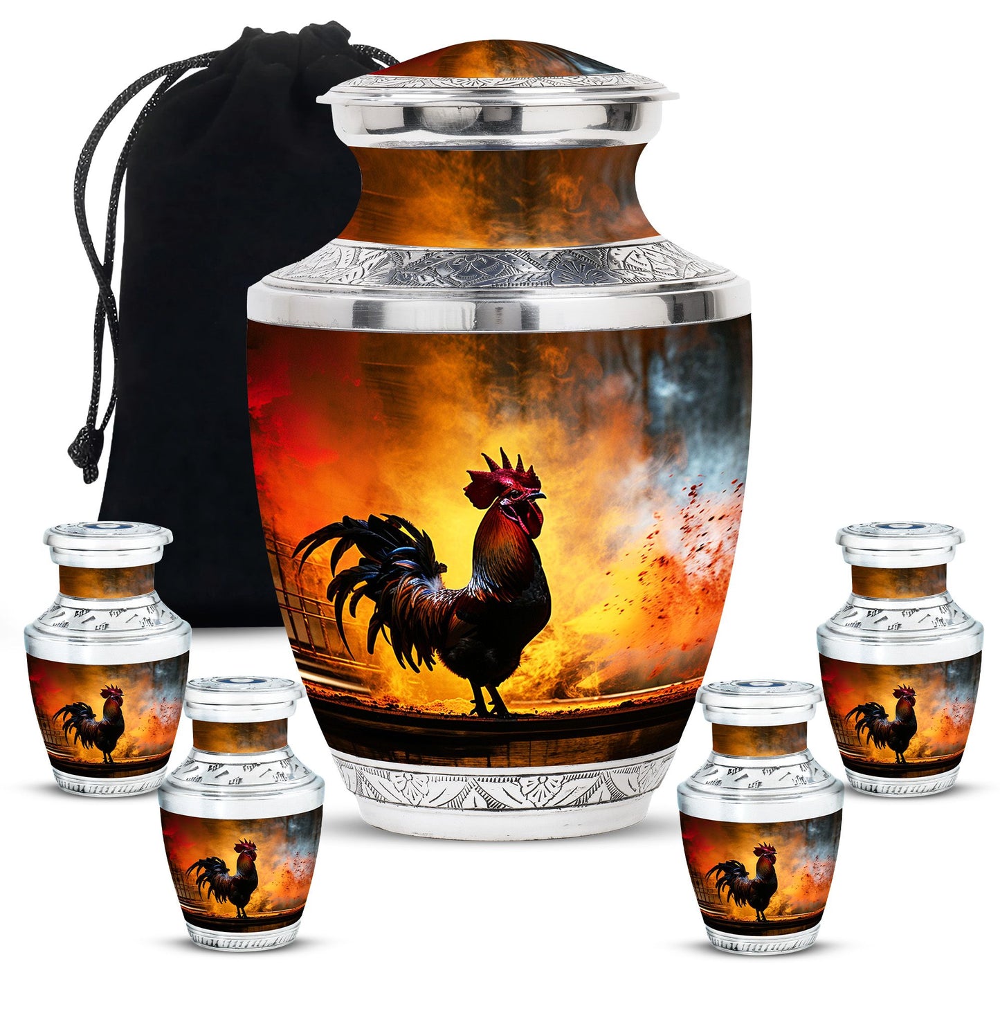 Chicken Theme Large Urn With 4 Keepsake Urn